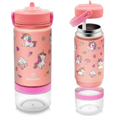 SILKY OWL Children's Stainless Steel Drinking Bottle 350 ml with Straw and Container (Storage Container) 120 ml - Children's Thermos Flask Leak-Proof - BPA-Free - Thermos Flask Boys / Girls for