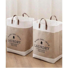 HealthyMoov LAUNDRY Laundry Basket Deluxe Leather Handles Storage Bag Foldable for Clothes and Bedding Made of Lightweight Linen for Transporting Modern Graphic 1 Piece