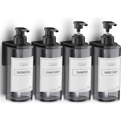 Soap Dispenser Wall Mounting Set, 500 ml Soap Dispenser Wall No Drilling Plastic Empty Pump Bottle with 12 Category Labels for Shower/Kitchen/Bathroom - Grey