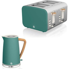 Swan Nordic Set Desayuno Wireless Kettle 1.7L 2200W Wide Slot Bread Toaster, 4 Slices, 3 Functions, Modern Design, Wood Effect, Green