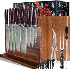 FULLHI 13-Piece Gift Box Knife Set with Magnetic Knife Block Holder, Cutting Boards, Kitchen Scissors, Turkey Fork & Sharpening Stick, Kitchen Knife Set First Choice for Gift (Coffee Wood)