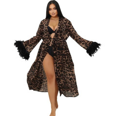 ohyeahlady Women's Sexy Leopard Kimono Satin Erotic Long Lingerie Chiffon Robe Sleepwear Large Sizes Negligee Bathrobe with Belt Beach Dress Bikini Cover Up