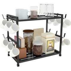 2 Tier Coffee Organiser Shelf, Cup Holder with 12 Hooks, Coffee Station Cup Rack, Black Metal Cup Stand, Spice Rack for Kitchen Shelf, Worktop, Café, Coffee Bar Accessories