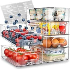 Fridge Organiser, Set of 6 [with 16 Stickers], Premium Kitchen Organiser, Storage Box Organiser for Fridge, Storage Container, Stackable, BPA-Free