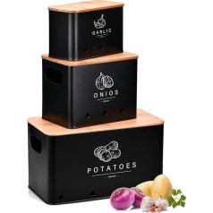 Potato Storage Box, Set of 3 Onion Potato Garlic Storage Potato Box with Bamboo Lid for a Long Time Storage, Black