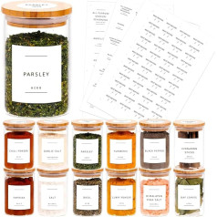 12 Pieces Bamboo Glass Spice Jars Set, Airtight Jars with Bamboo Lids, Spice Jars with Lids and Labels, Waterproof Labels for Herbs, Spices and Spices (250ml/12pcs)