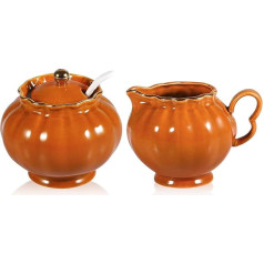 Ceramic Sugar Bowl with Lid, Milk Jug and Spoon, Coffee Service 3-Piece Cereal and Sugar Set, Dishwasher and Microwave Safe, Gift, Orange
