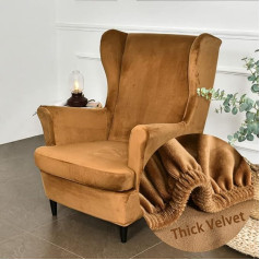 2-Piece Wing Chair Cover, Armchair Throws, Wing Chair, Fashionable, Plain Velvet Protective Cover, Armchair Cover, Beachmon, Tiger Chair Cover with Armrest, High Backrest (Camel)