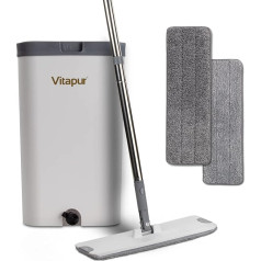 Mop and Bucket Set with 2 Mop Pads and Cleaning Brush, Self-Cleaning Flat Mop Floor Mop Set for Floor Cleaning, Tiles, Parquet, Laminate
