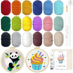Punch Needle Set for Beginners, 1 Punch Tool, 18 Colors Yarn, Two 8.5 Inch Wooden Hoops and Monk Cloth, and 5 Design Patterns for Kids, Beginners, Craft Gift