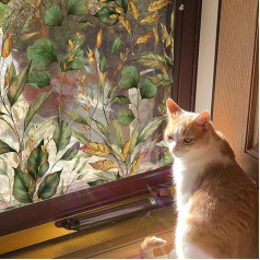 Rainbow Plants Window Film Self-Adhesive Stained Glass Window Film Golden Leaves Decorative Privacy Film for Bedroom, Living Room, Kitchen, Bathroom, Offices