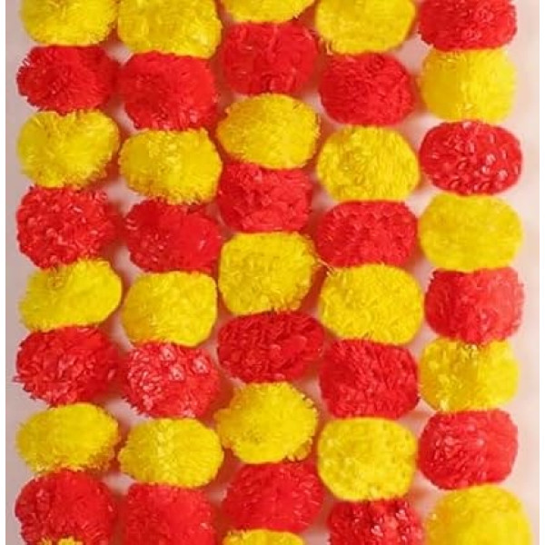 5 Pieces - 4.5ft Marigold Garland Halloween Diwali Pooja Indian/American Wedding Mantle Decoration Artificial Flower String Christmas Autumn Festival Spring Bush Flower Decor - Yellow Magenta