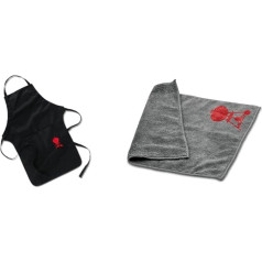 Weber 6474 BBQ Apron, Black with Red Kettle Grill & 17689 Microfibre Cloth, Cleaning, Polishing, Grey, 25.0 x 6.0 x 9.0 cm