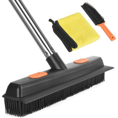 Rubber Broom, Carpet Rubber Hand Brush with Squeegee, Long Handle, Floor Sweeping Brush, Indoor Soft Silicone Broom for Pet Hair, Hardwood, Tiles, Window Cleaning