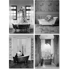 Animal In The Bath Picture Black White Bathroom Pictures Funny Wall Art Prints Canvas Poster Home Decor Minimalist - Without Frame (30 x 40 cm x 4 Pieces, Bath Panda)