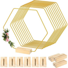 Pack of 10 Hexagonal Metal Flower Hoops with 10 Hexagon Wooden Stands, Metal Wreath Ring, Gold Metal Decorative Rings with Wooden Stand, for DIY Wedding Table Wreath Decoration and Macrame Crafts