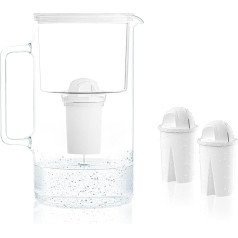 Wessper Water Filter Jug Glass 3 L Crystaline, Set Water Jug and 2 Filters Aqua Classic, Water Carafe for Drinking Water Compatible with Brita Classic, Dafi - White