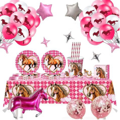 Pack of 124 Horse Birthday Party Tableware Set, Horse Birthday Decoration, Horse Paper Tableware, Paper Plates, Cups, Tablecloth, Horse Decoration Children's Birthday, Horse Party Accessories