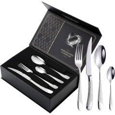 24 Piece Cutlery Set, Hammered Cutlery, Stainless Steel Knife Fork Spoon Cutlery Set for 6 People, Modern Silver Cutlery for Home/Restaurant/Party