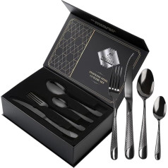 VIQWYIC 24-Piece Cutlery Set, Hammered Cutlery, 18/10 Stainless Steel Knife, Fork, Spoon, Cutlery Set for 6 People, Modern Silver Cutlery for Home/Restaurant/Party, Black