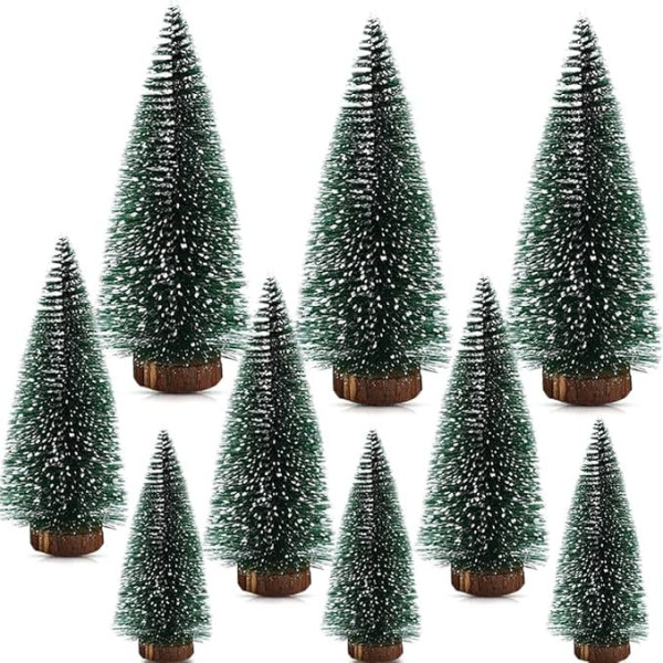 9-Piece Mini Christmas Tree Set - Green Christmas Trees with Snow Effect, Artificial Miniature Christmas Tree, Christmas Tree in 10/15/20 cm, Christmas Tree with Wooden Base, DIY Christmas Decoration