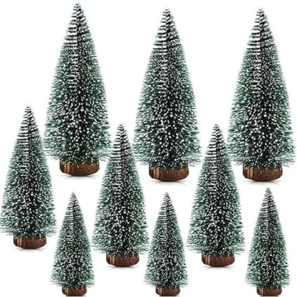 9-Piece Mini Christmas Tree Set - Green Christmas Trees with Snow Effect, Artificial Miniature Christmas Tree, Christmas Tree in 10/15/20 cm, Christmas Tree with Wooden Base, DIY Christmas Decoration