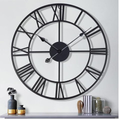 Lafocuse 56 cm Large Wall Clock Black Silent Metal with 2 Pairs of Hands, Vintage Roman Numerals Wall Clock without Ticking Noise, XXL Wall Clocks Large Decoration for Living Room Kitchen Bedroom