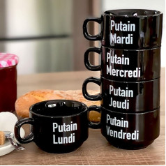 Mug Set of Original Black Cups with Sayings. Espresso Cups with Message. Set Original Coffee Mug Week Ceramic, 120 ml, 11 x 6 cm (France)