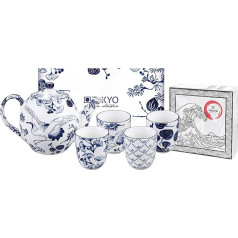 TOKYO design studio Flora Japonica Tea Set Blue/White, 5-Piece Set, 1 x Tea Pot 1.25 L and 4 x Tea Cups 170 ml, Asian Porcelain, Japanese Flower Design, Includes Gift Packaging