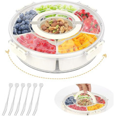 SelfTek Snack Box with Compartments, Large, Round Snack Box, Rotatable with Lid and Handle, Snack Bowl with 6 Bowls and 4 Fruit Forks, Snack Plate, Transport Box, Storage Box for Party, Picnic (Round)