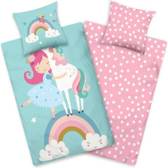 Aminata kids Unicorn Bed Linen, 135 x 200 cm, Girls, Children, Cotton, Teenagers, Unicorn Bedding with Zip, Unicorn Motif, Children's Bedding Set, Horse Motif, Beige