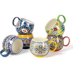 HENXFEN LEAD Cappuccino Cups Set, 600 ml Porcelain Coffee Cups with Handle, 6 Porcelain Cups for Tea, Coffee, Milk, Cappuccino with Pattern and Colourful - Bohemian Style