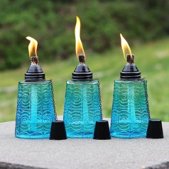 Seraphic Outdoor Flashlights - Citronella Lamp Burner 16oz Glass Table Lamp Candles for Patio, Garden, Patio and Outdoor Parties, Set of 3, Tropical Blue