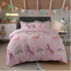 Sleepdown Glow in the Dark Rainbow Fleece Warm Cosy Super Soft Duvet Cover Bedding Set Kids Bedding Set with Pillow Case 135x200cm Pink