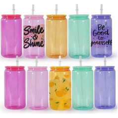 16oz Sublimation Glass Tumbler with Lids and Straws, Colorful Sublimation Beer Glass Can Shape Borosilicate Sublimation Glass for Beer, Juice, Soda, Iced Coffee, Pack of 10