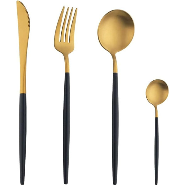 Metal Cutlery Set Black Handle 16 Piece 4 Person Stainless Steel Cutlery Set with Knife/Fork/Spoon, Durable Cutlery and Dishwasher Safe