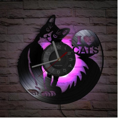 Vinyl Wall Clock Cute Cat Theme Wall Clock with LED Night Light Function is a Wall Clock Gift for Animal Lovers (with Light)