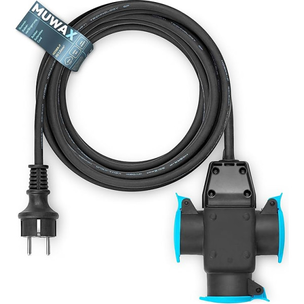 Rubber Extension Cable 10 m with 3-Way Splitter for DIY, Garden, Household, for Temporary Outdoor Use and Medium Mechanical Stress H05RR-F 3G 1.5 mm² Black