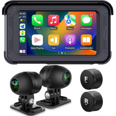 Waterproof Motorcycle Dash Cam with Wireless CarPlay and Android Car, 5 Inch IPS Touch Screen, HD1080P Camera Front and Rear, TPMS, Bluetooth, Wi-Fi, GPS, Maximum up to 256 GB