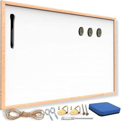 White Magnetic Erase Board with Wooden Frame 60 x 40 cm Ideal for Office, Home, School + Accessories: 1 Magnetic Pen (Black) + Eraser + Mounting Accessories + 3 Magnets