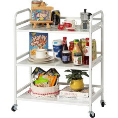 HDANI Serving Trolley, 3 Levels Metal Service Vehicle with Wheels for Small Spaces, Kitchen, Dining Room, Bar, Bathroom, Trolley, White, 60 x 30 x 75 cm