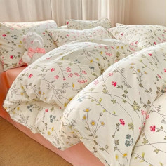 Bed Linen 155 x 220 cm Cotton Beige Pink Floral Green Leaves Duvet Cover 2-Piece Pink Colourful Small Floral Pattern Comfortable Duvet Cover and 1 Flower Pillowcase 80 x 80 cm with Zip