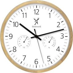 Holzwerk MEERSBURG Wall Clock with Temperature Display and Hygrometer Moisture Meter Wooden Clock Silent Movement without Ticking Noises Brown Beech White Silent Solid Wood Natural Wood 30 cm (HW