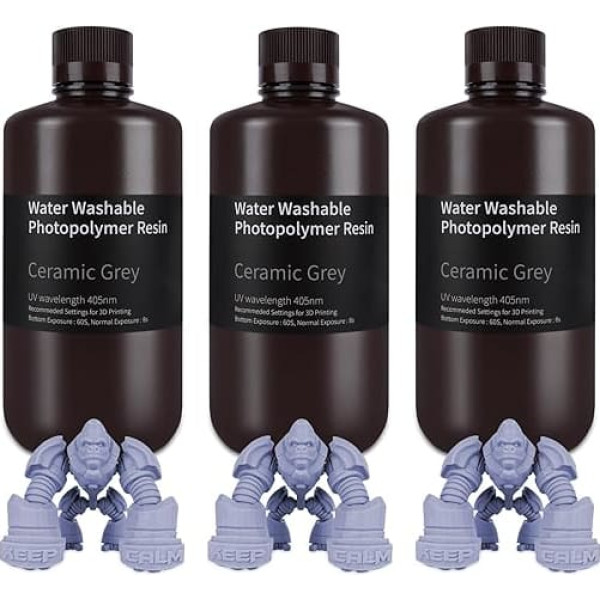 ELEGOO Resin Water Washable 3 Pieces x 1000 g Grey, 405 nm LCD UV Curing 3D Printer Resin Water Washable Resin for MSLA/LCD/DLP Resin 3D Printer