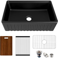 MEJE #KS 83.8 x 50.8 cm Apron Front Step Rim Workstation Farmhouse Kitchen Sink, Ceramic Single Bowl with Cutting Board, Grid and Strainer - Black