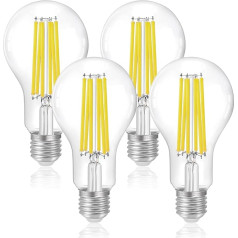 FLSNT LED Edison Light Bulb E27, A70 LED Filament Lamp, 3452 Lumens, Super Bright, 18 W (Replaces 200 W), 5000 K Daylight, Not Dimmable, Clear Glass, Pack of 4