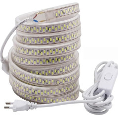 20 m LED Strip with Switch - Cold White, 220 V 230 V Strip, 5630 SMD 180 LEDs/m Strip, Very Bright Lighting, IP65 Waterproof