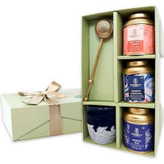 Hyggebox tea gift box with 3 tins, one tea strainer and a cup. The perfect gourmet tea gift set for any occasion.