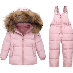 JiAmy Baby Girls' Snowsuit Down Jacket with Hood + Snow Dungarees, Children's Winter Clothing Set, Winter Jacket and Ski Trousers, 2-Piece Outfit Set, Pink, 18–24 Months