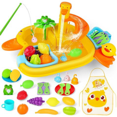 Kitchen Toy Set with Working Faucet, Children's Sink Toy Set, Electronic with Fishing Toy, Water Circuit Waterproof Apron, Kids Kitchen Sink Play Set